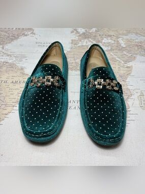 Royal Shoes Driving Style Dress Loafers Green w/ Gold Tone Studs & Nuggets Sz 10